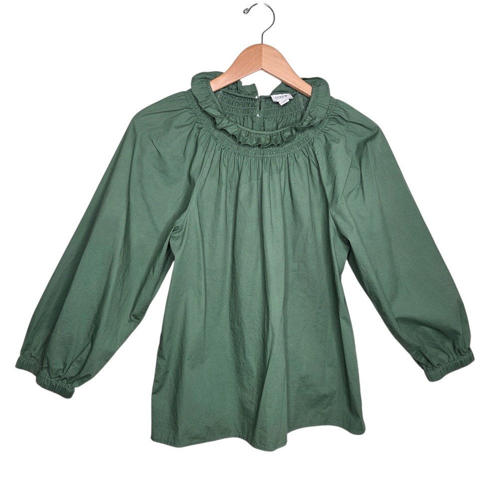 J.Crew Womens Green Cotton Smocked Ruffle Neck Balloon Sleeve Top Size S Blouse